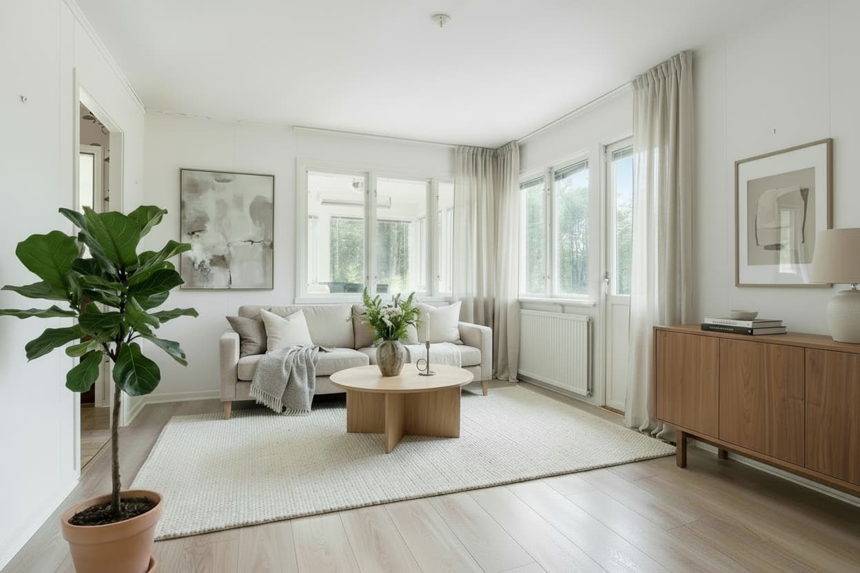 Moderne stue efter AI-homestaging - professionelt stylet med moderne møbler og indretning på 5 minutter